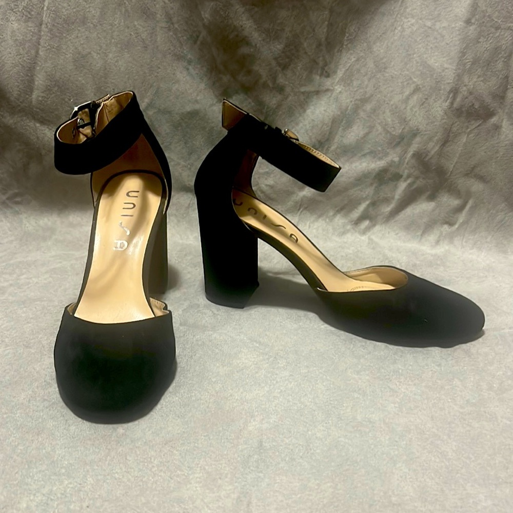 Black velvet heel with buckle strap, barely worn!
